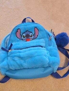 Stitch Character Plush Blue Backpack with Character Patch and Pom-Pom Charm